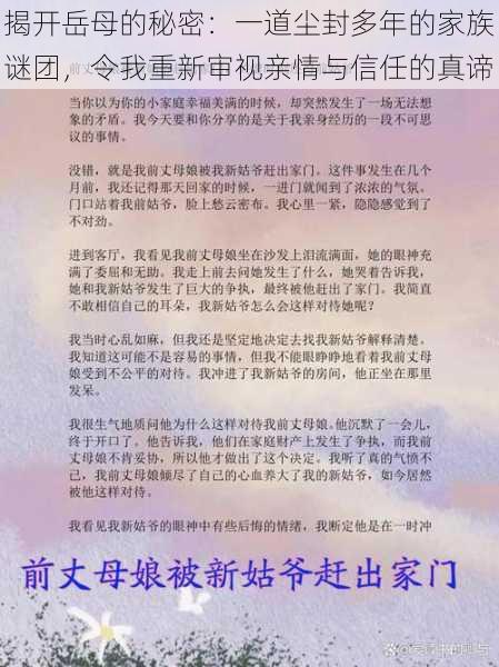 揭开岳母的秘密：一道尘封多年的家族谜团，令我重新审视亲情与信任的真谛